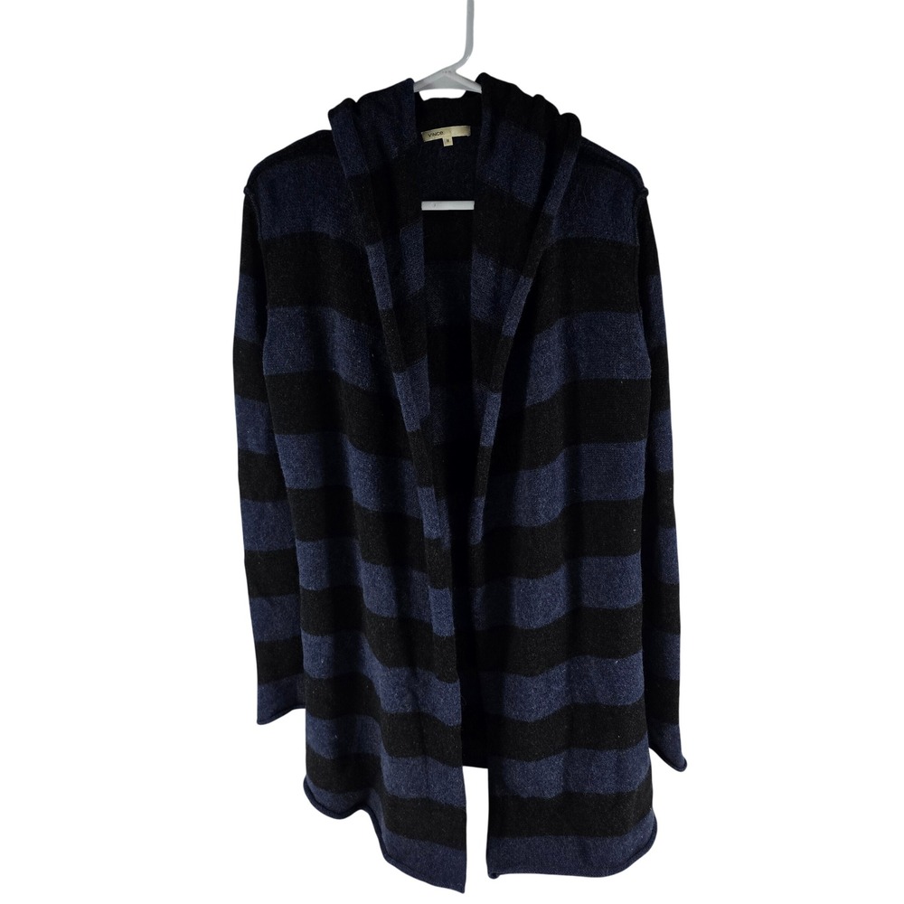 Vince Cashmere Alpaca Wool Hooded Cardigan Navy Black Striped Sweater Medium
